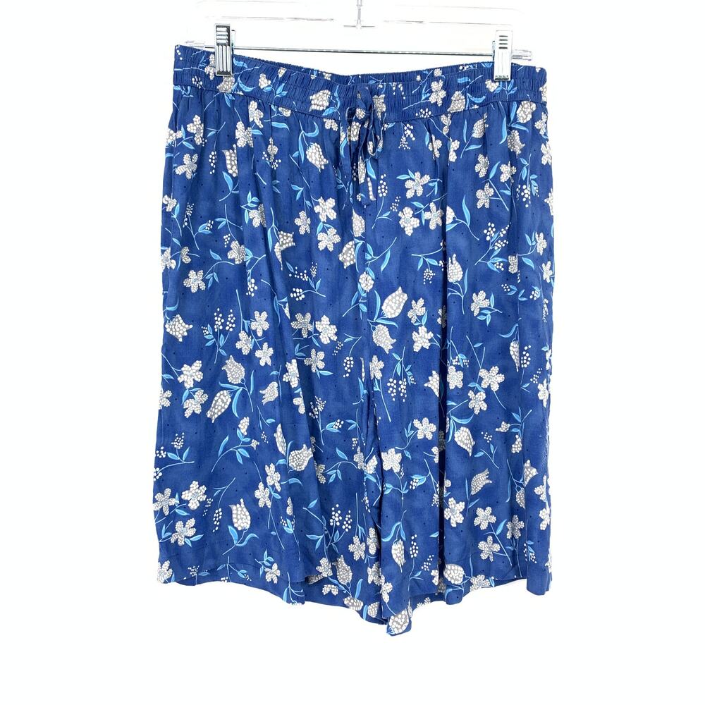 Vintage 90s High Waisted Bermuda Shorts Womens 30" Blue White Floral Drawstring